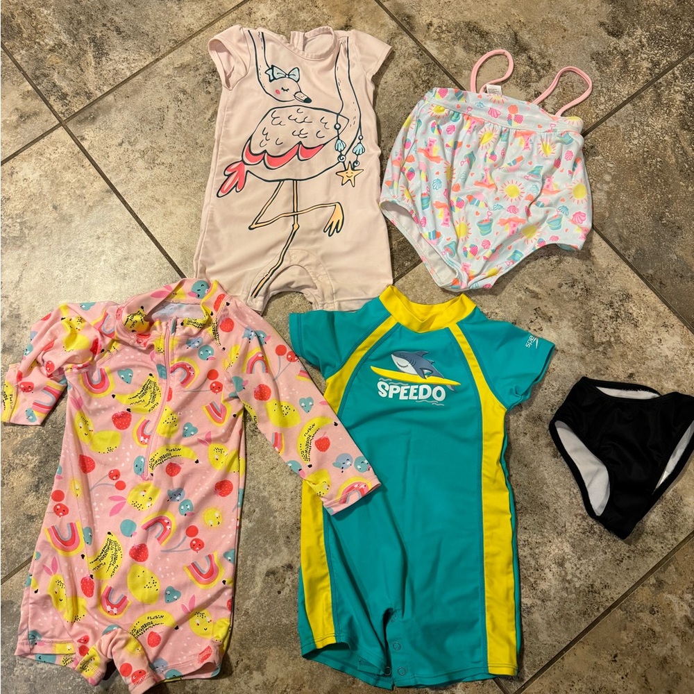 Baby girl swim bundle 12 months to 2T multicolor one pieces with water shoes
